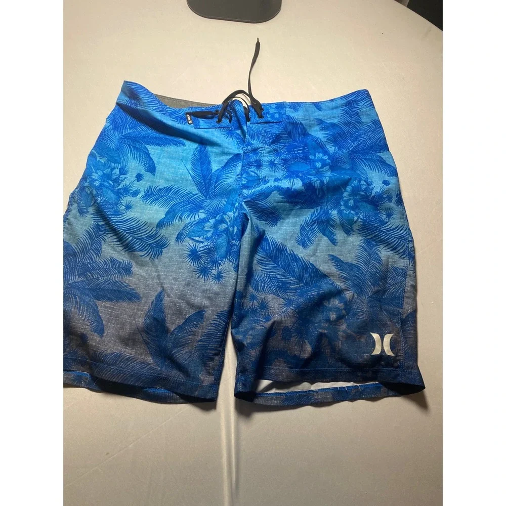 Hurley Phantom Board Shorts Mens 34 Blue Tropical Palm Print Swim Trunks Pockets
